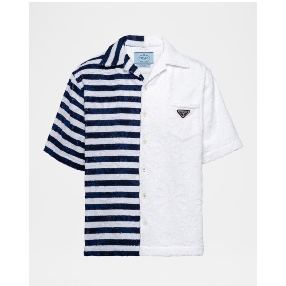 Prada Double Match Terry Cloth Shirt Navy White Striped Floral Jacquard UCS406